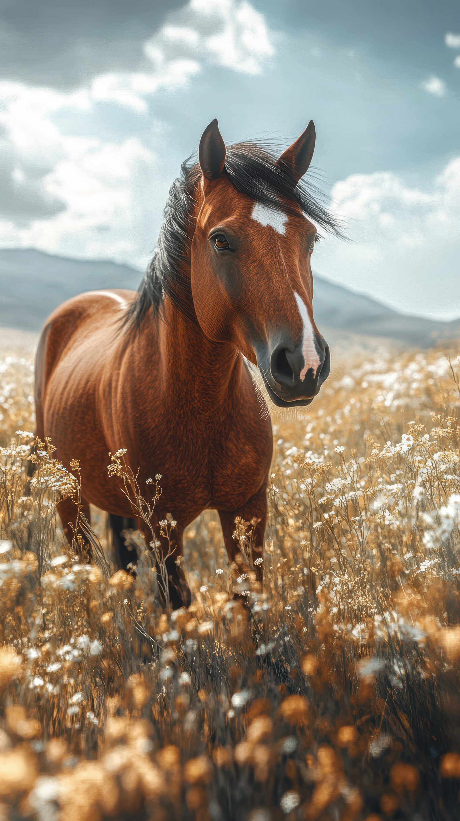 Horse standing in a golden field surrounded by wildflowers on a sunny day in the mountains